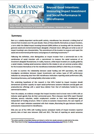 Beyond Good Intentions: Measuring Impact Investment and Social Performance in Microfinance