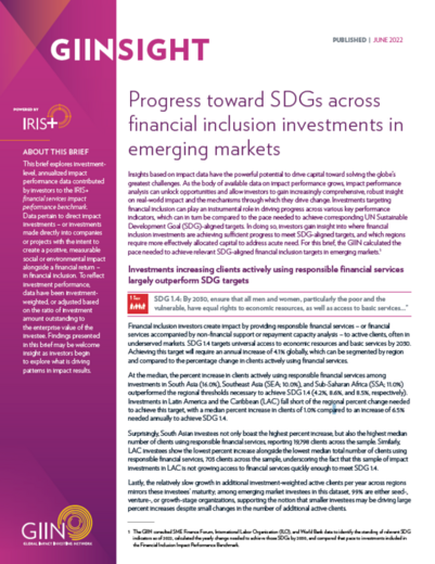 GIINsight: Progress toward SDGs across financial inclusion investments in emerging markets