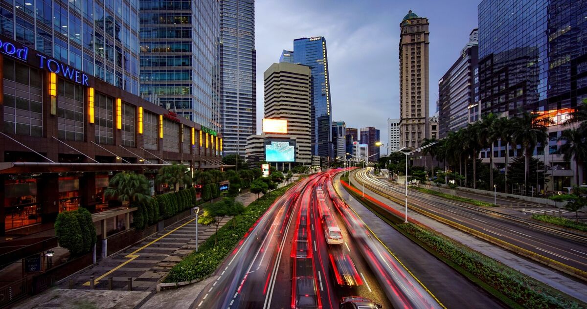 Light trails from cars on a highway in Jakarta